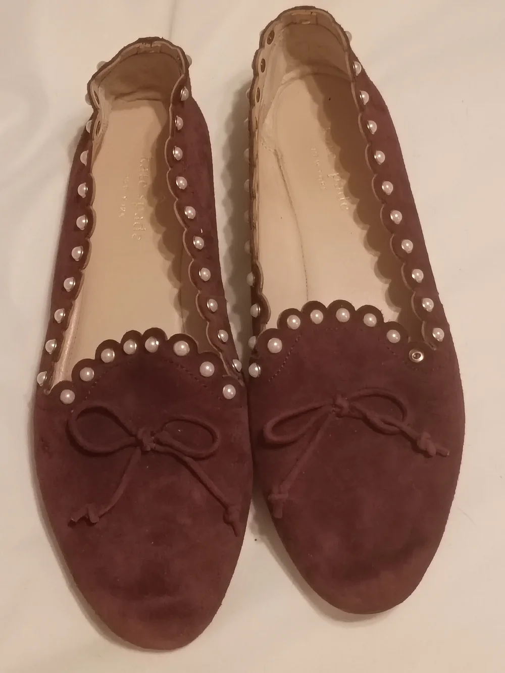 kate spade Burgundy Suede Pearl-Trim Scalloped Flats